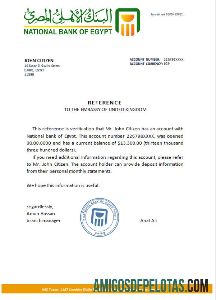 Referência do Banco Nacional do Egito do Egito exemplo real